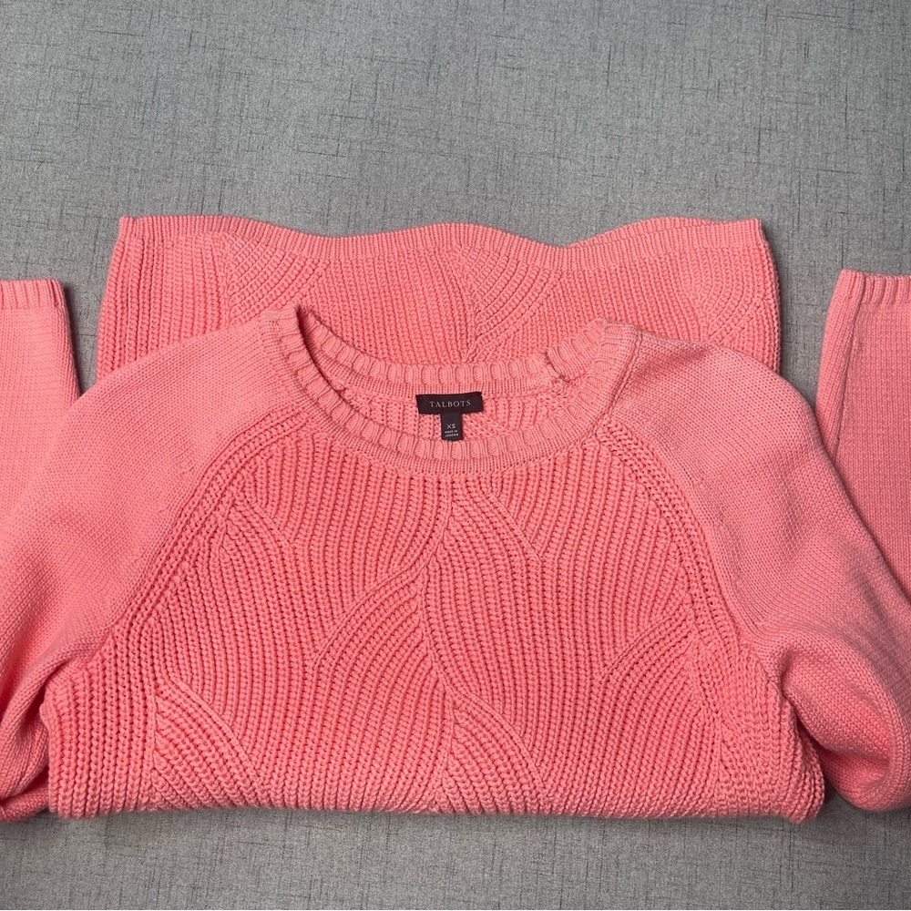 Talbots Pointelle Raglan Crew Neck Knit Sweater Salmon Rose Pink Coral XS - Picture 8 of 10